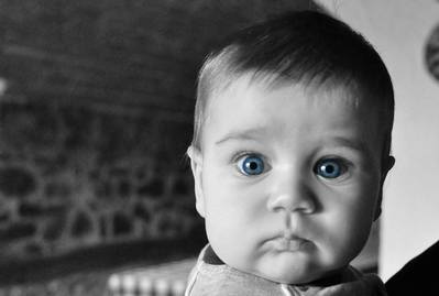 Antichrist signs: Baby huge blue eyes black and white